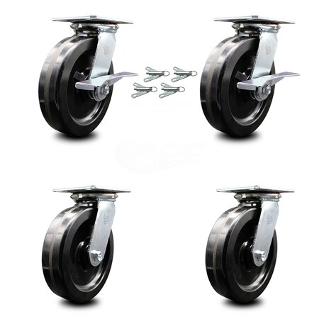 Service Caster 8 Inch Phenolic Caster Set with Roller Bearing 4 Swivel Lock and 2 Brake SCC SCC-35S820-PHR-SLB-BSL-2-BSL-2